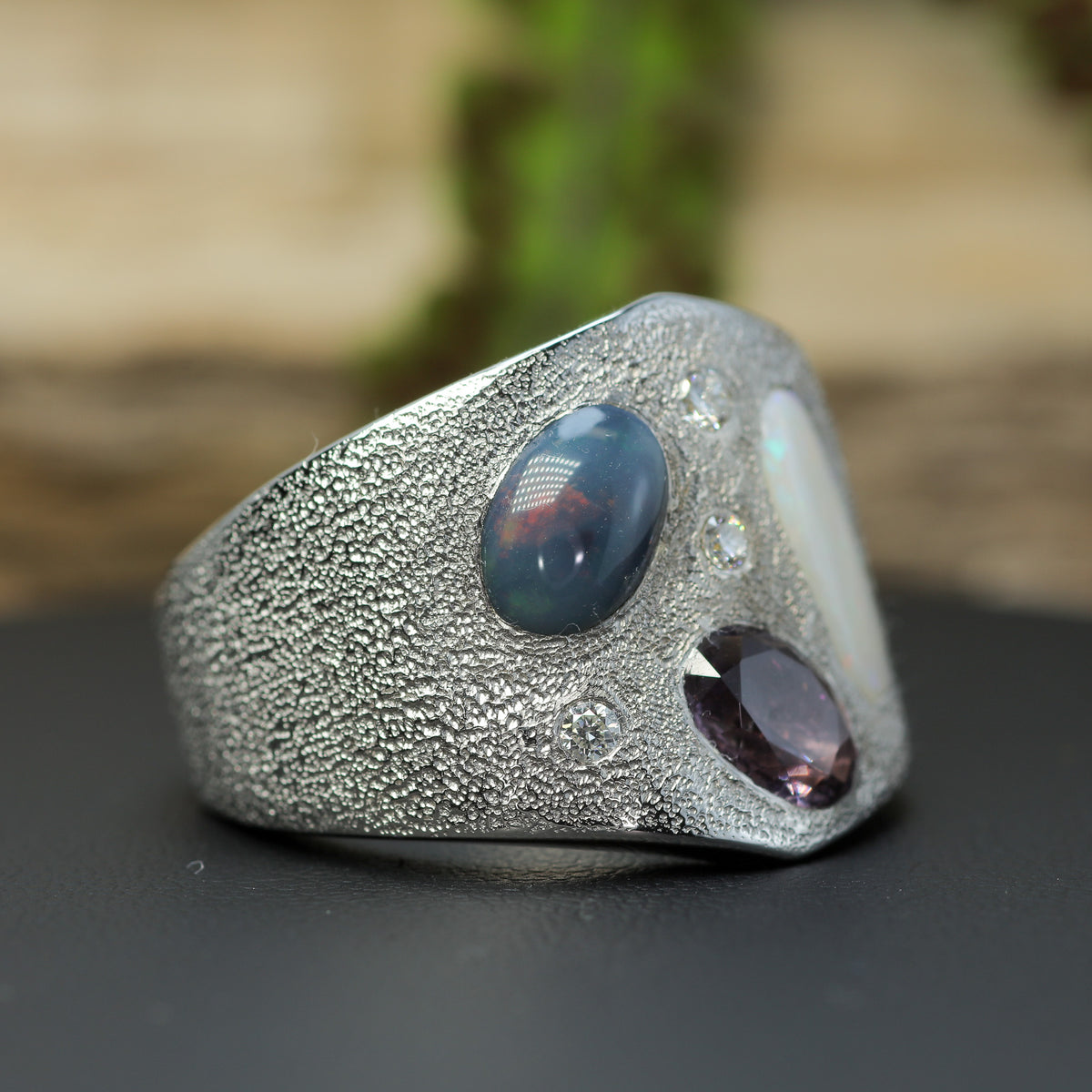 Australian Opal & Vietnamese Spinel Multi-Gemstone Wide Silver Band | Lab Diamonds