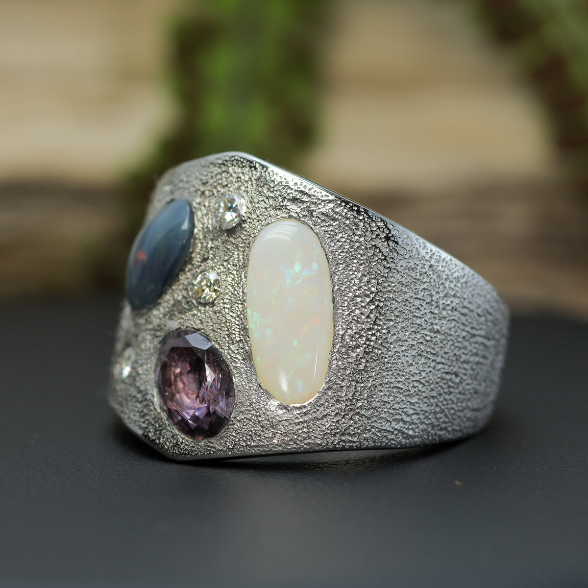 Australian Opal & Vietnamese Spinel Multi-Gemstone Wide Silver Band | Lab Diamonds