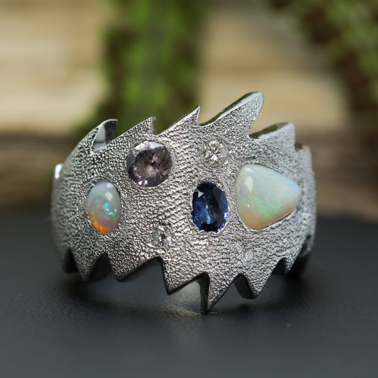 Sculptural Multi-Gemstone Statement Ring — Natural Opal, Sapphire & Spinel in Heavy Irish Silver