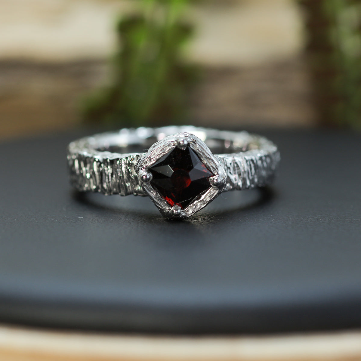 Vietnamese Red Spinel Hand-Textured Silver Solitaire Ring | Studio Cut