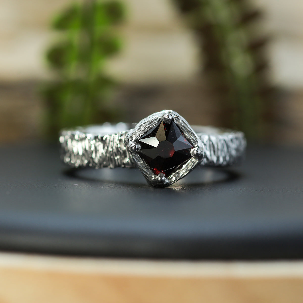 Vietnamese Red Spinel Hand-Textured Silver Solitaire Ring | Studio Cut