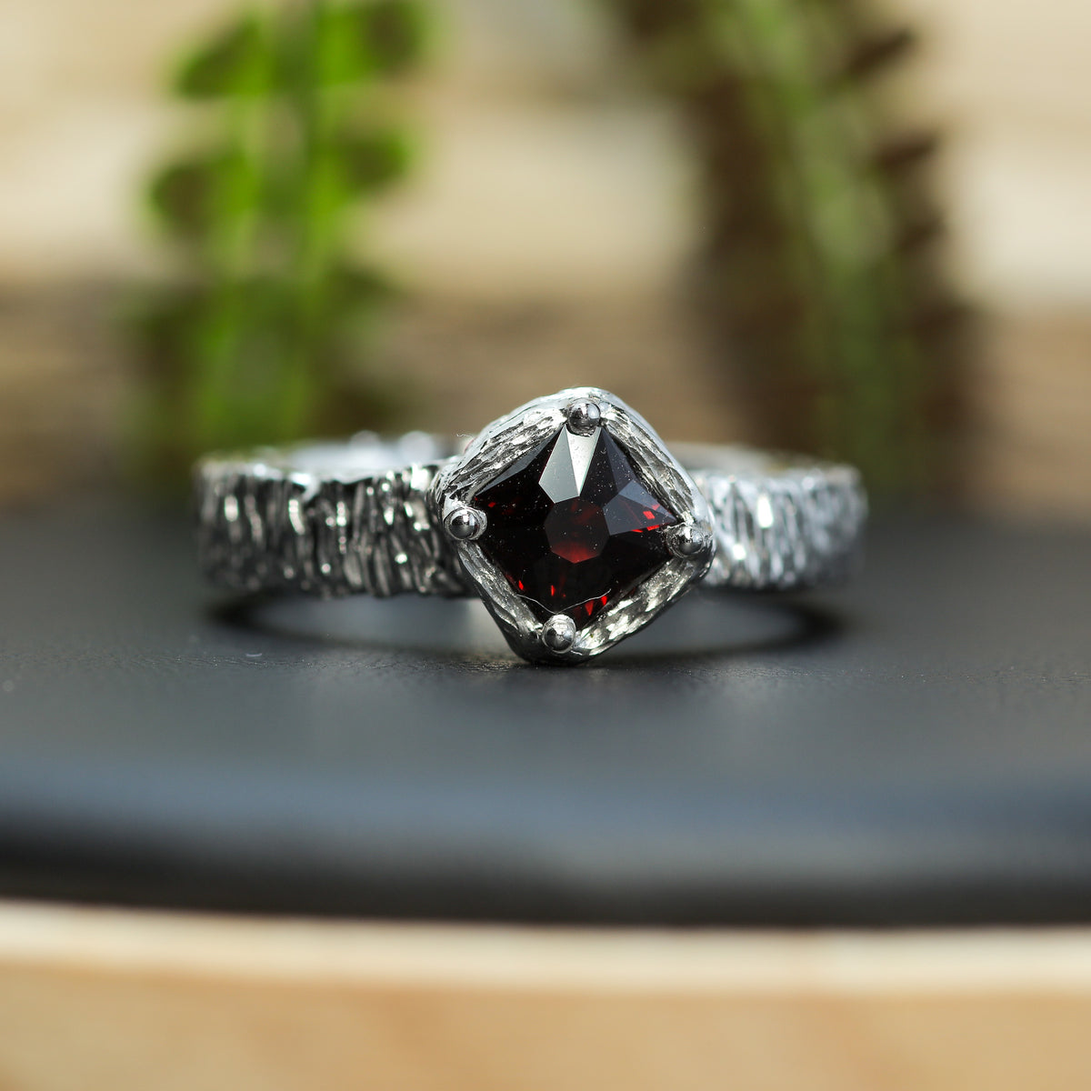 Vietnamese Red Spinel Hand-Textured Silver Solitaire Ring | Studio Cut