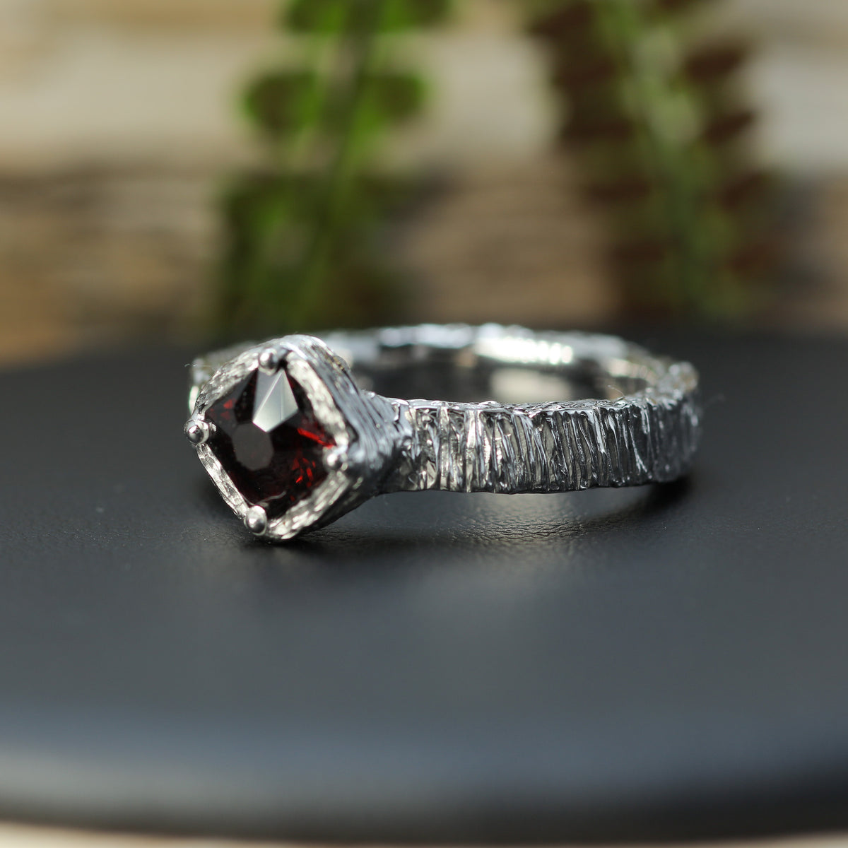 Vietnamese Red Spinel Hand-Textured Silver Solitaire Ring | Studio Cut