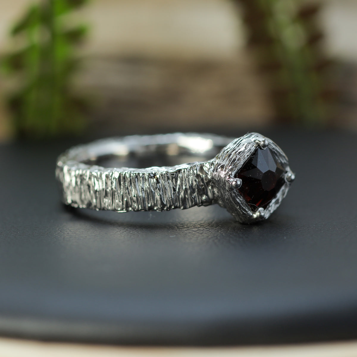 Vietnamese Red Spinel Hand-Textured Silver Solitaire Ring | Studio Cut
