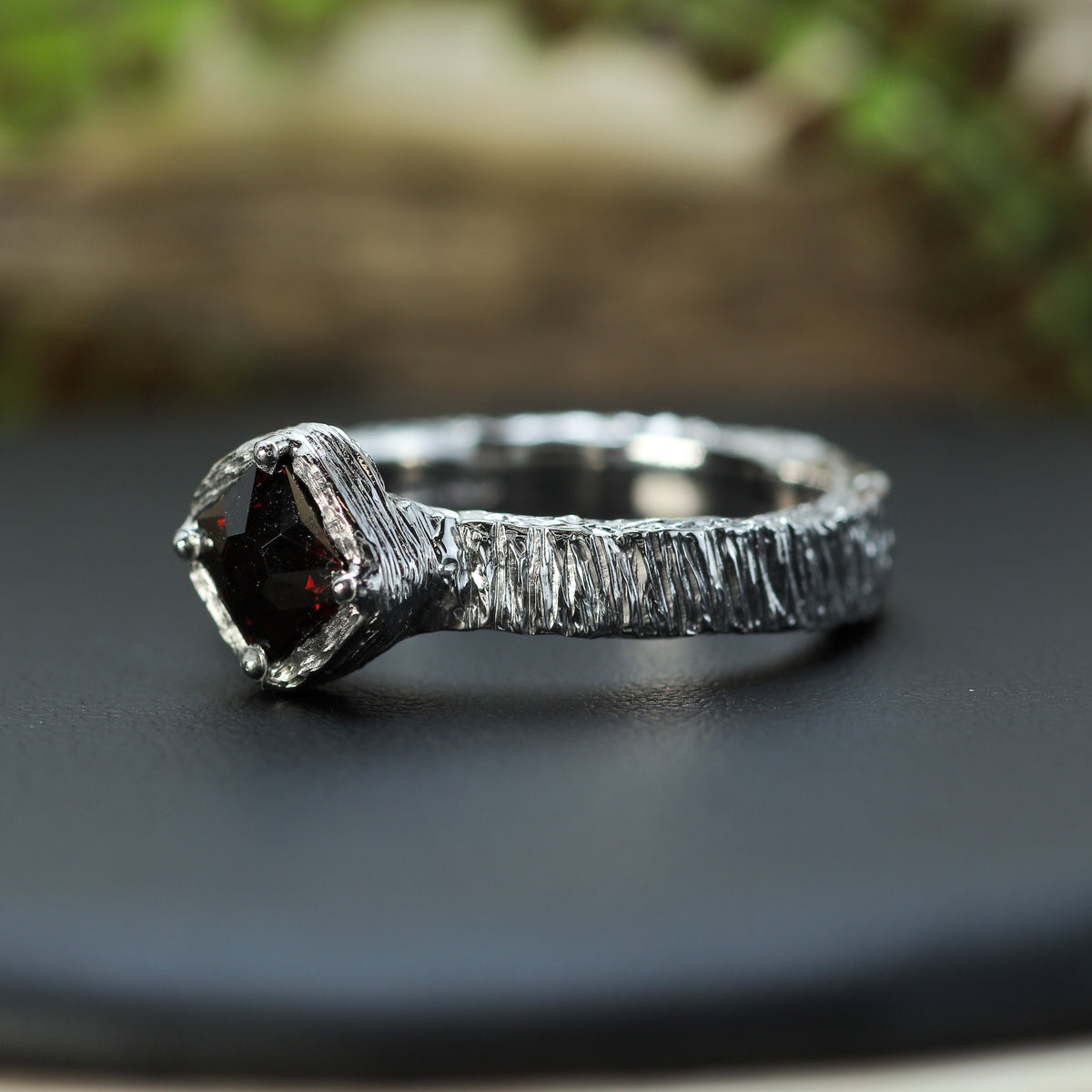Vietnamese Red Spinel Hand-Textured Silver Solitaire Ring | Studio Cut