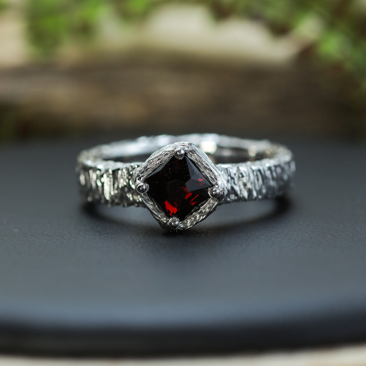 Vietnamese Red Spinel Hand-Textured Silver Solitaire Ring | Studio Cut