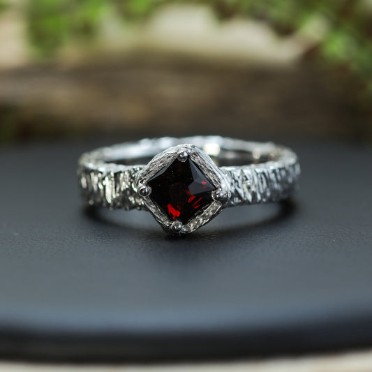Vietnamese Red Spinel Hand-Textured Silver Solitaire Ring | Studio Cut