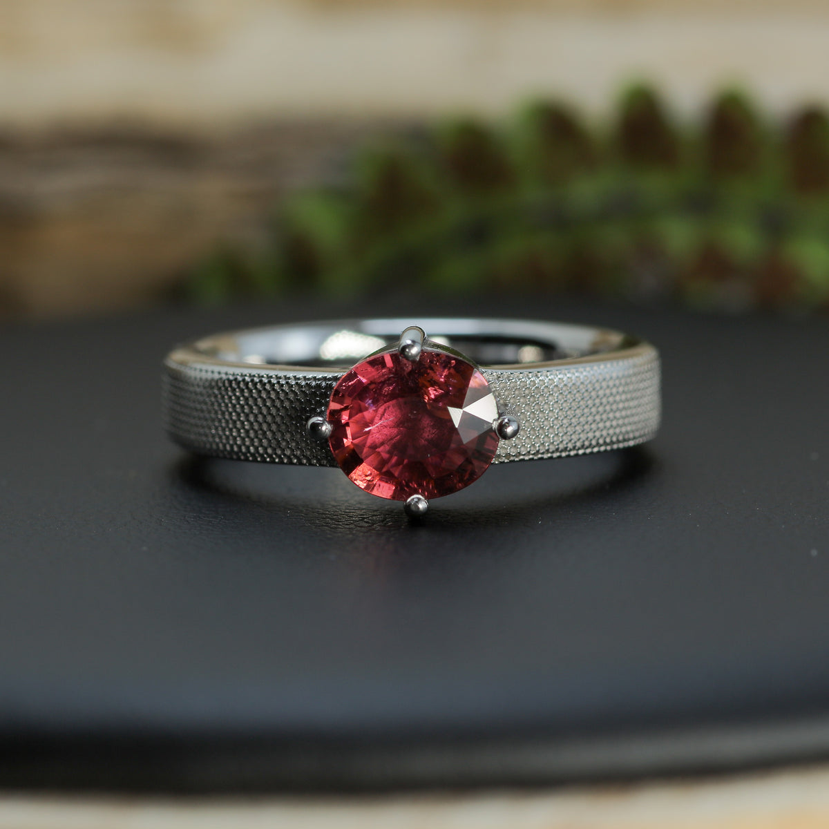 Studio-Cut Pink Tourmaline Half-Textured Silver Ring | Rhodium Plated