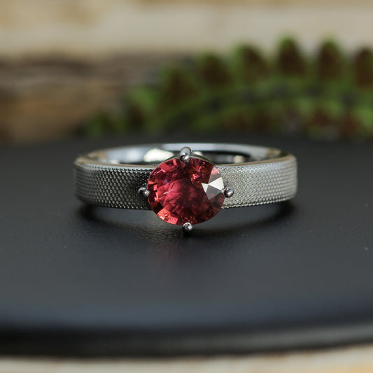 Studio-Cut Pink Tourmaline Half-Textured Silver Ring | Rhodium Plated