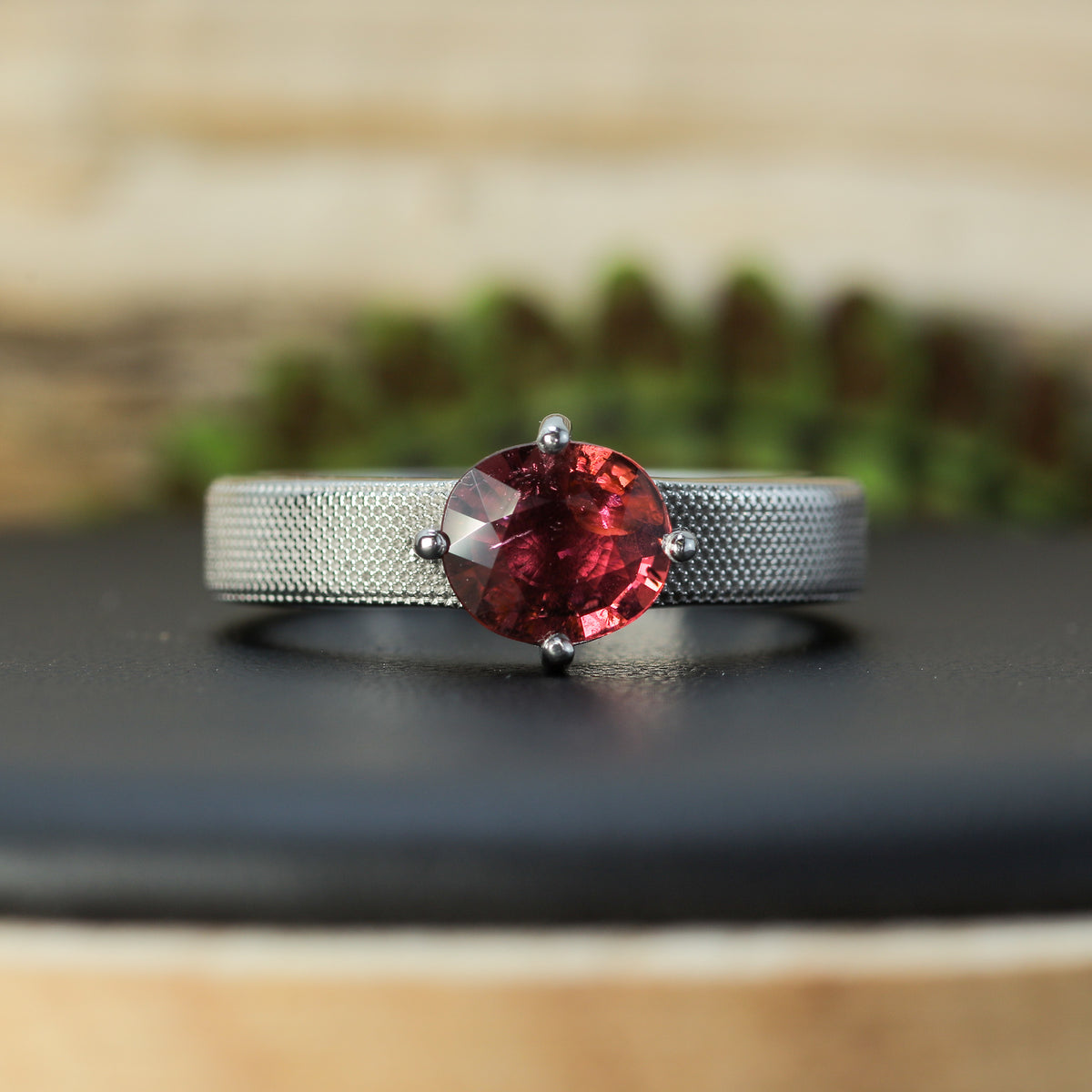 Studio-Cut Pink Tourmaline Half-Textured Silver Ring | Rhodium Plated