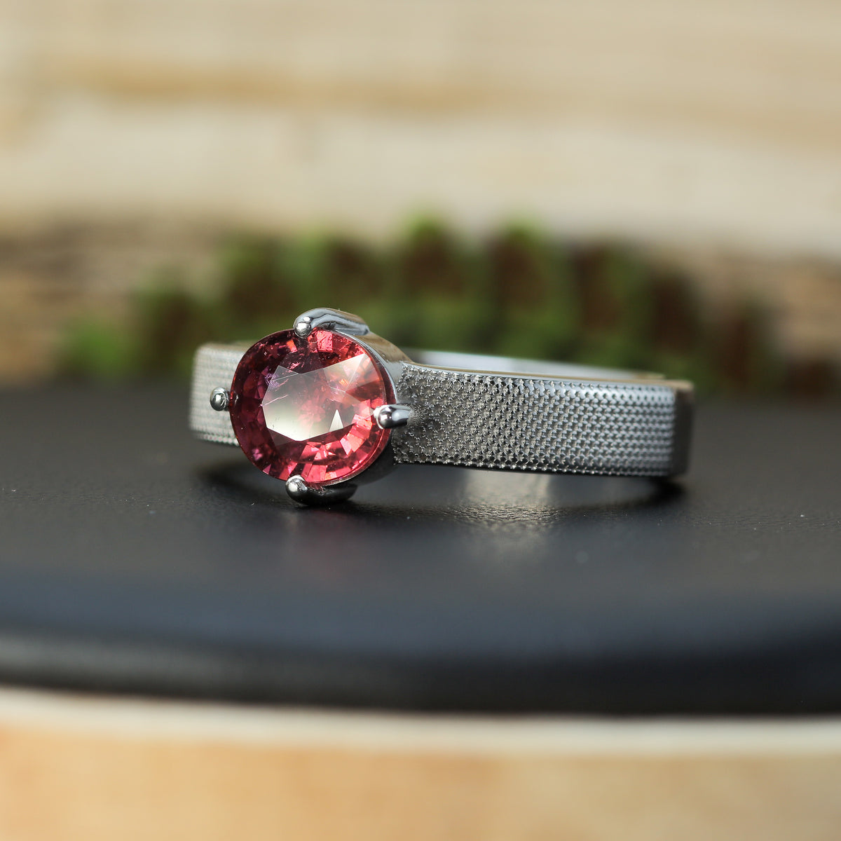 Studio-Cut Pink Tourmaline Half-Textured Silver Ring | Rhodium Plated