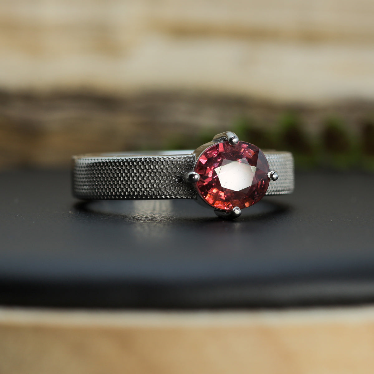 Studio-Cut Pink Tourmaline Half-Textured Silver Ring | Rhodium Plated