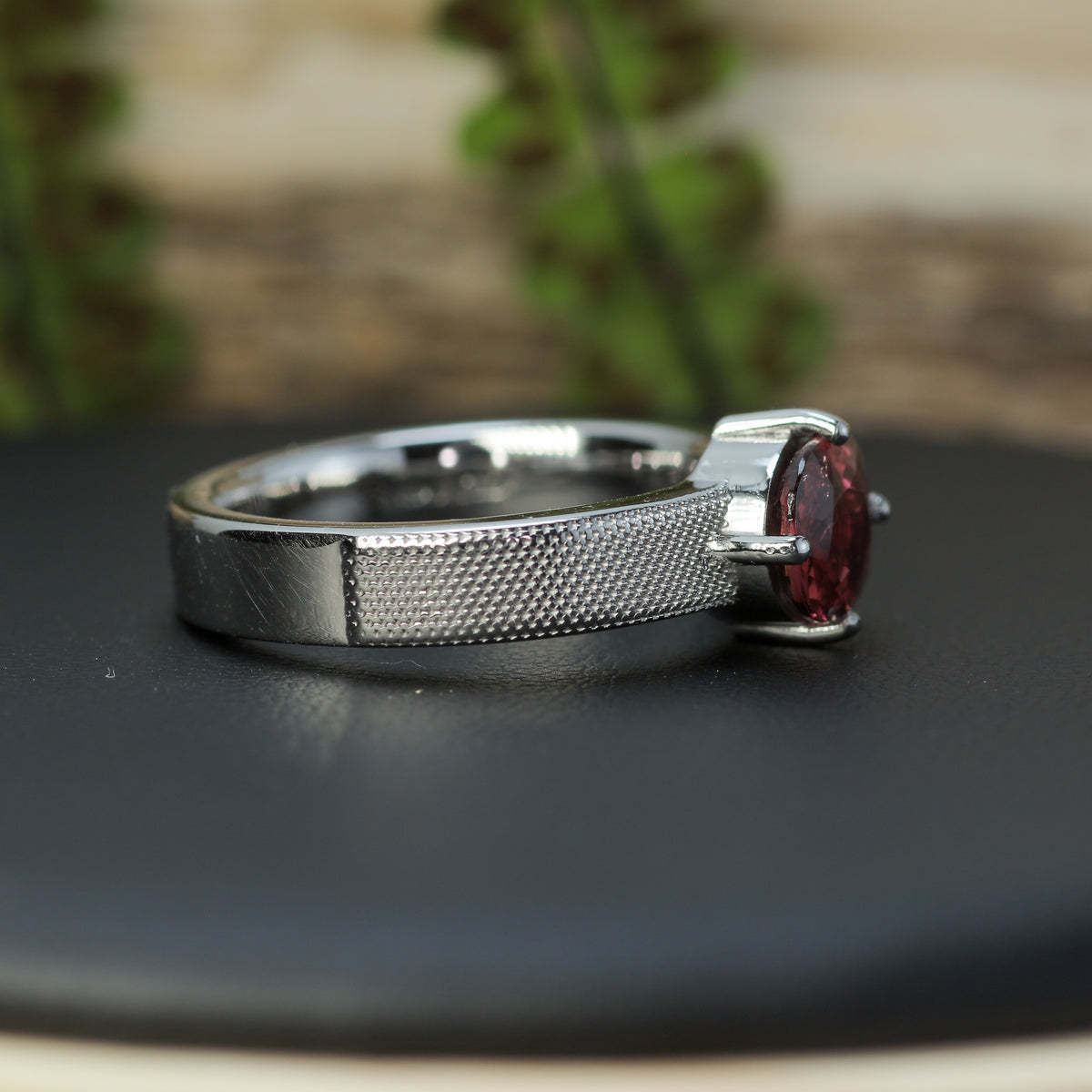 Studio-Cut Pink Tourmaline Half-Textured Silver Ring | Rhodium Plated