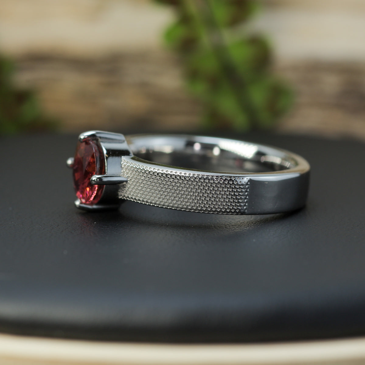 Studio-Cut Pink Tourmaline Half-Textured Silver Ring | Rhodium Plated