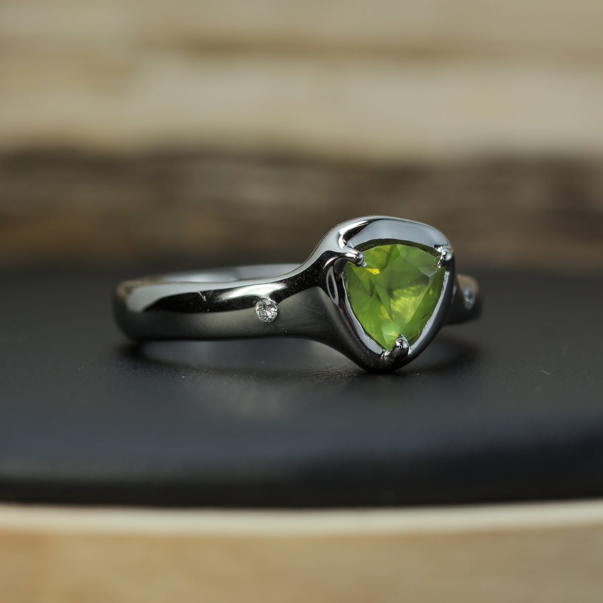 Artisan Trillion Peridot & Lab Diamond Organic Band | Rhodium Plated