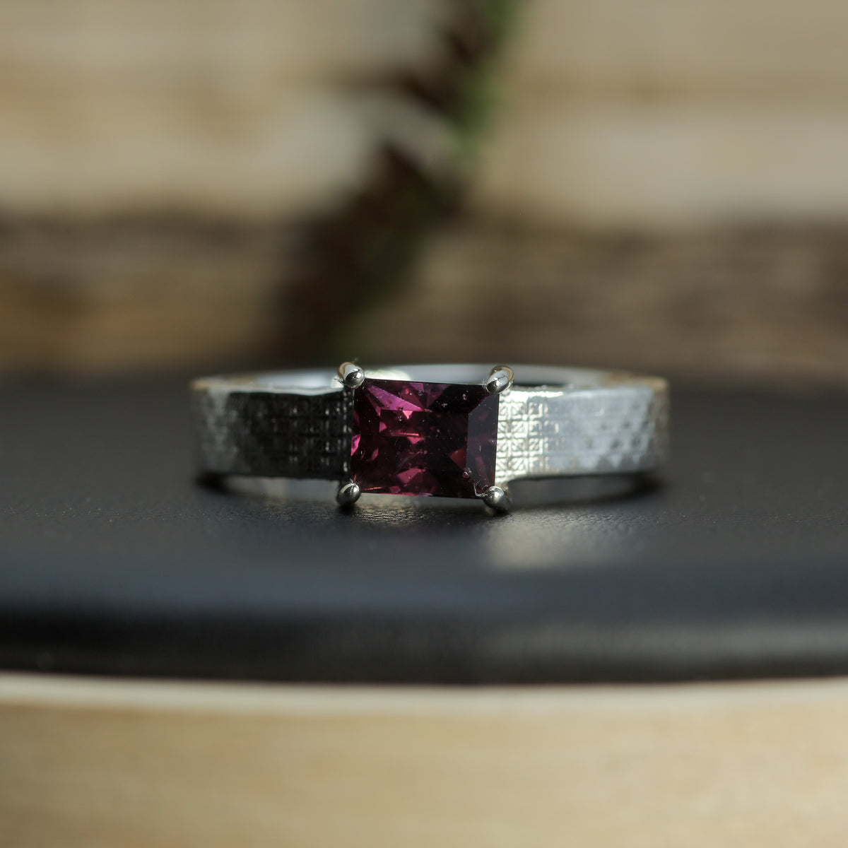 Studio-Cut Rectangular Purple Spinel Textured Silver Ring