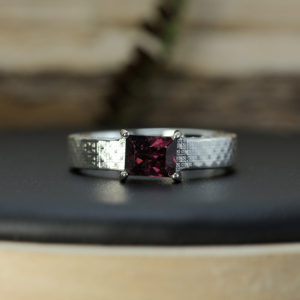 Studio-Cut Rectangular Purple Spinel Textured Silver Ring