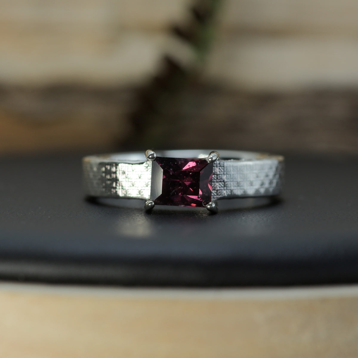 Studio-Cut Rectangular Purple Spinel Textured Silver Ring