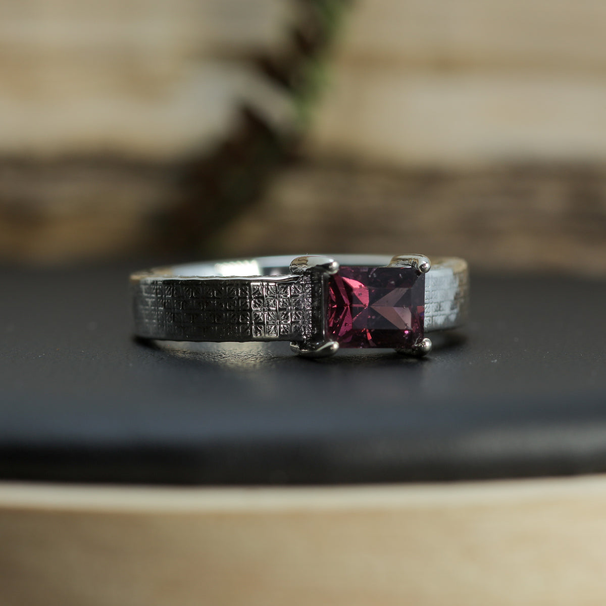 Studio-Cut Rectangular Purple Spinel Textured Silver Ring