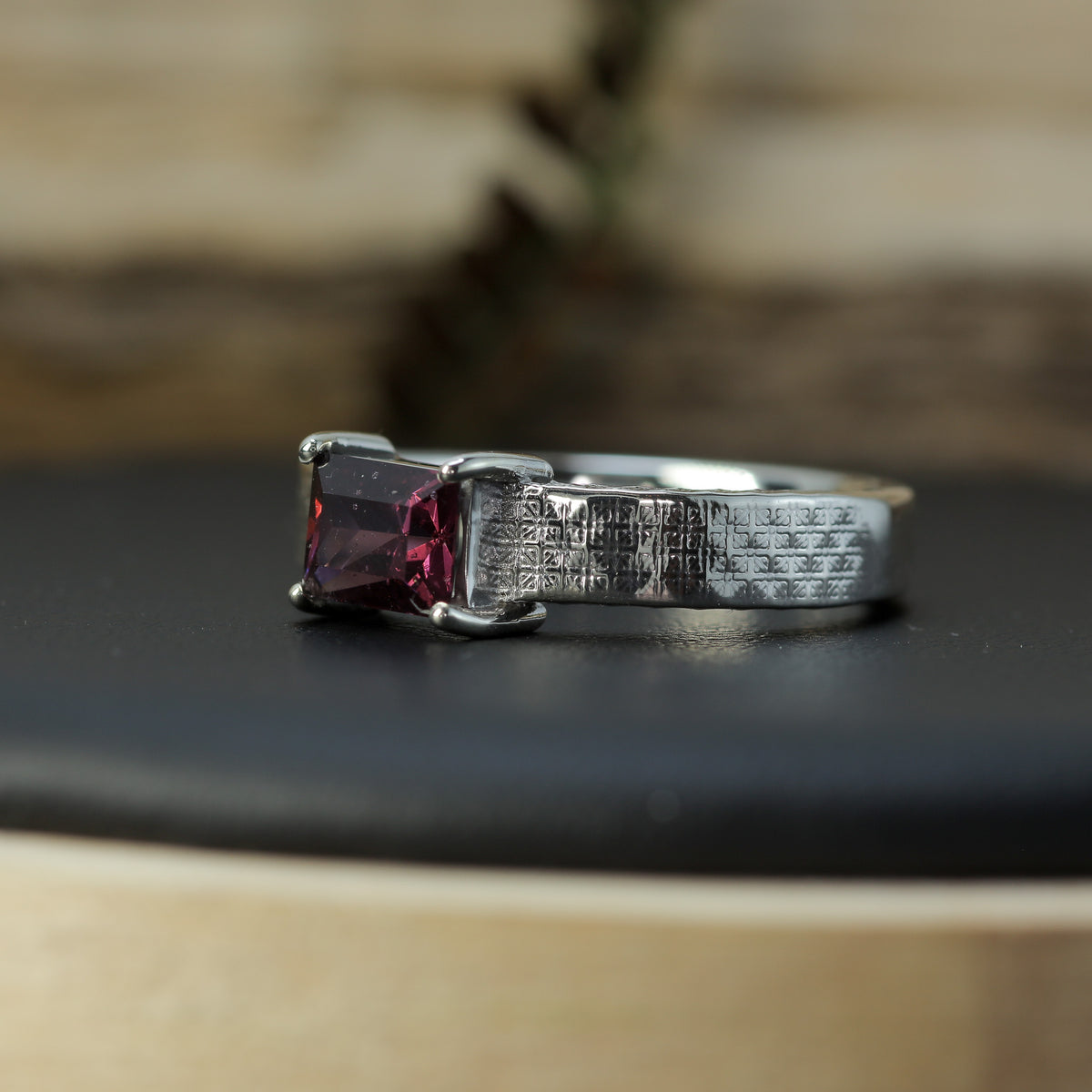 Studio-Cut Rectangular Purple Spinel Textured Silver Ring