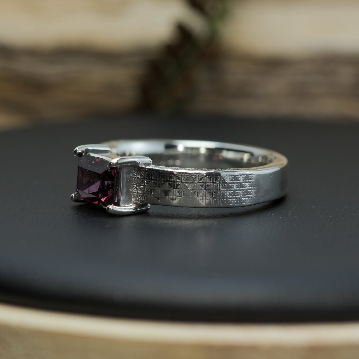 Studio-Cut Rectangular Purple Spinel Textured Silver Ring