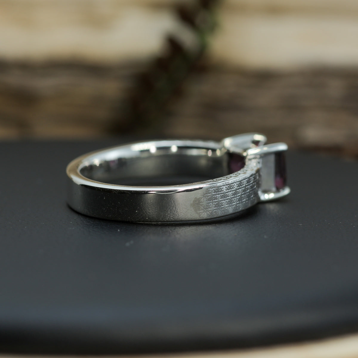 Studio-Cut Rectangular Purple Spinel Textured Silver Ring