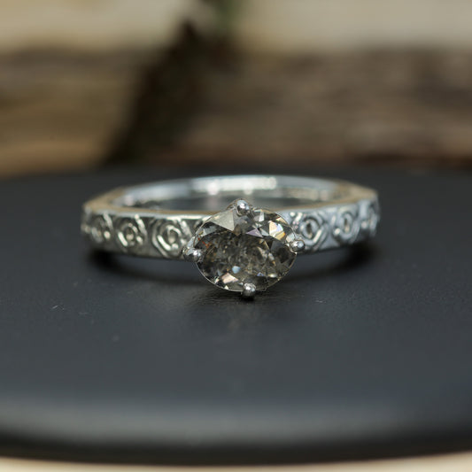 Hand-Cut Oval Peach Tourmaline Solitaire | Heavy Floral Band