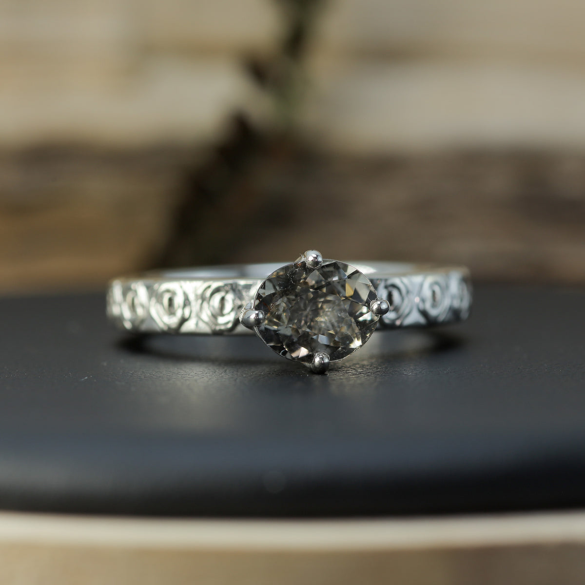 Hand-Cut Oval Peach Tourmaline Solitaire | Heavy Floral Band