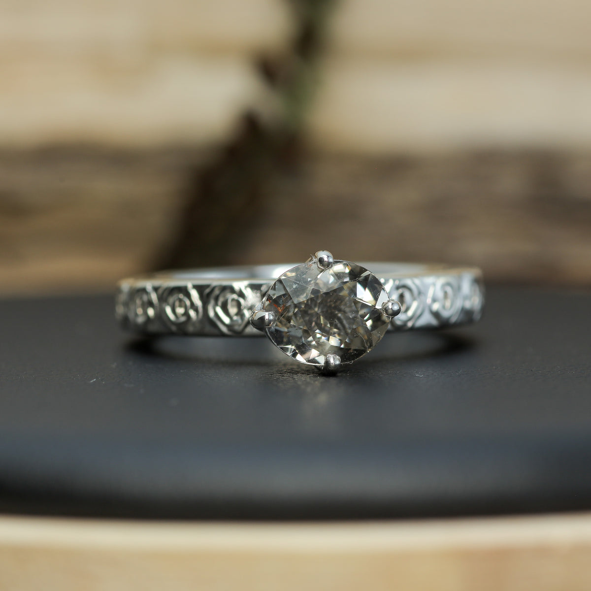 Hand-Cut Oval Peach Tourmaline Solitaire | Heavy Floral Band