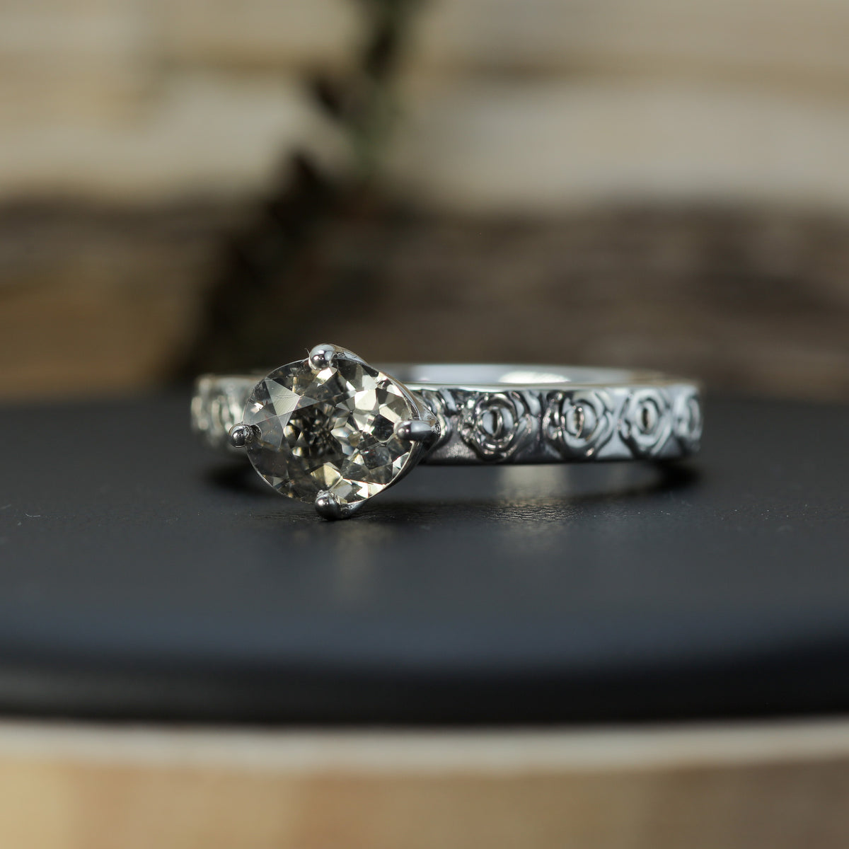 Hand-Cut Oval Peach Tourmaline Solitaire | Heavy Floral Band