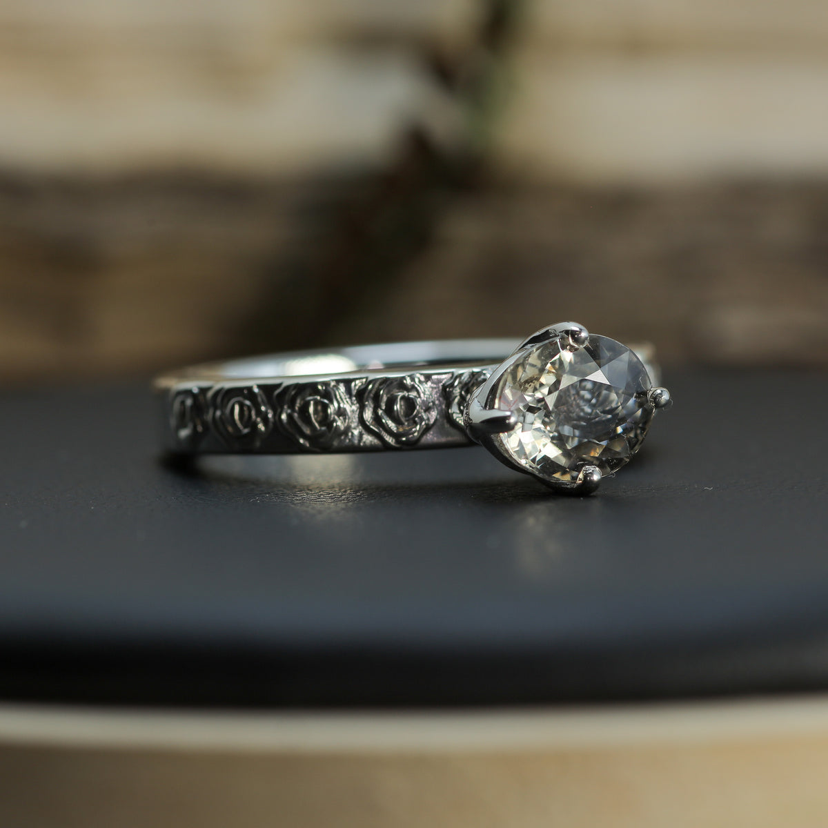 Hand-Cut Oval Peach Tourmaline Solitaire | Heavy Floral Band