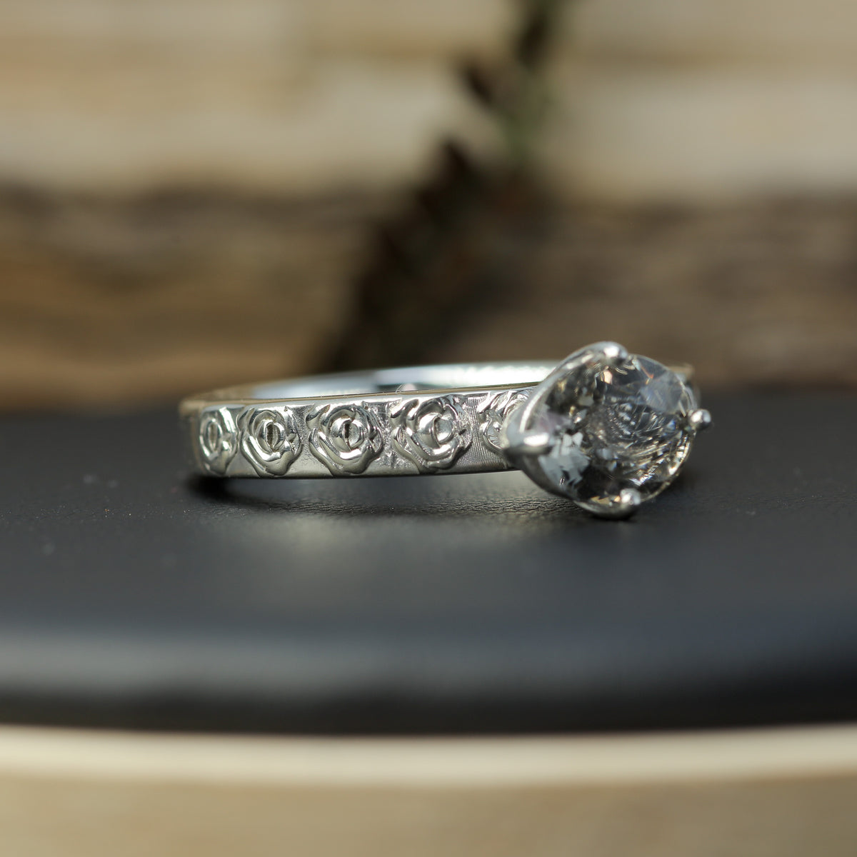 Hand-Cut Oval Peach Tourmaline Solitaire | Heavy Floral Band