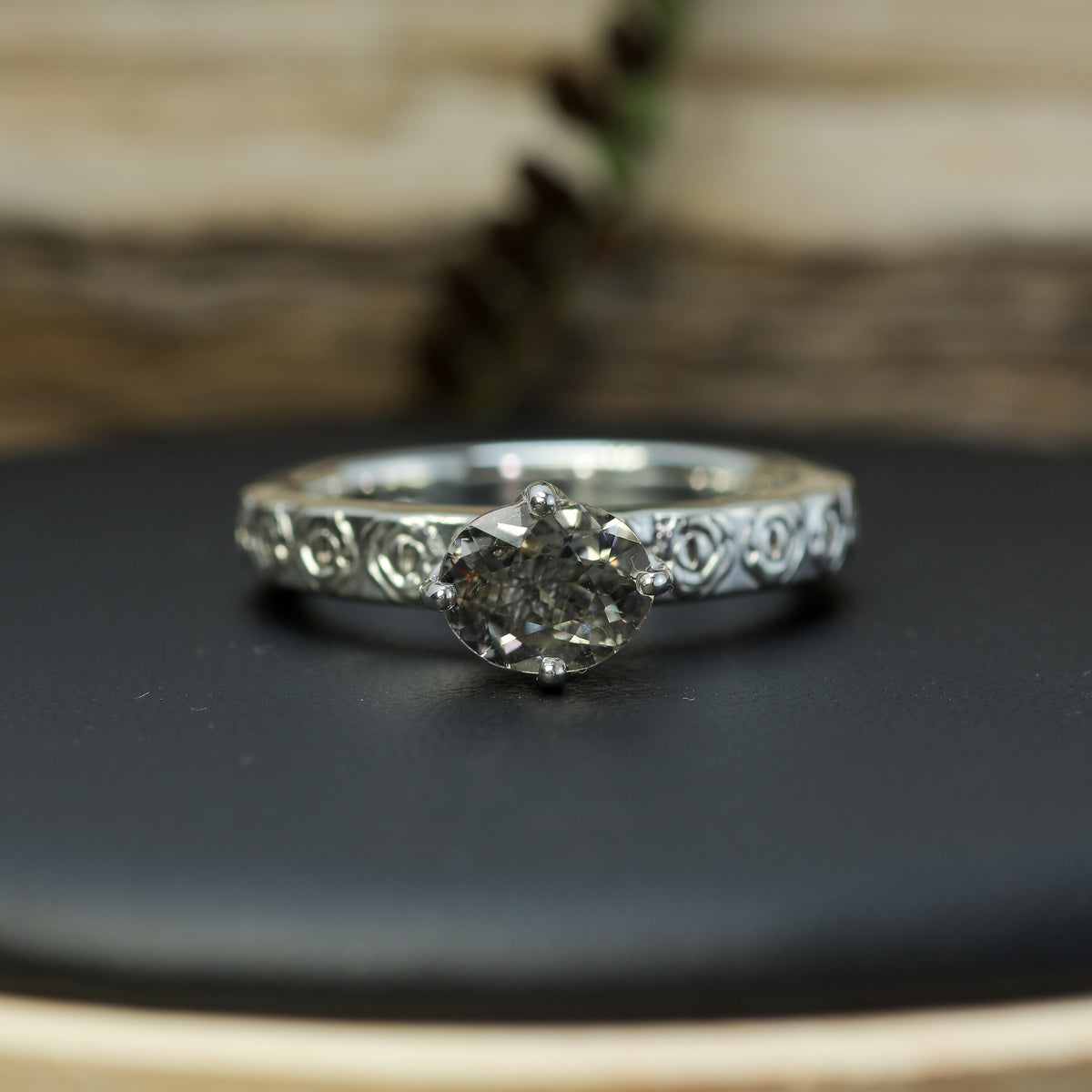 Hand-Cut Oval Peach Tourmaline Solitaire | Heavy Floral Band