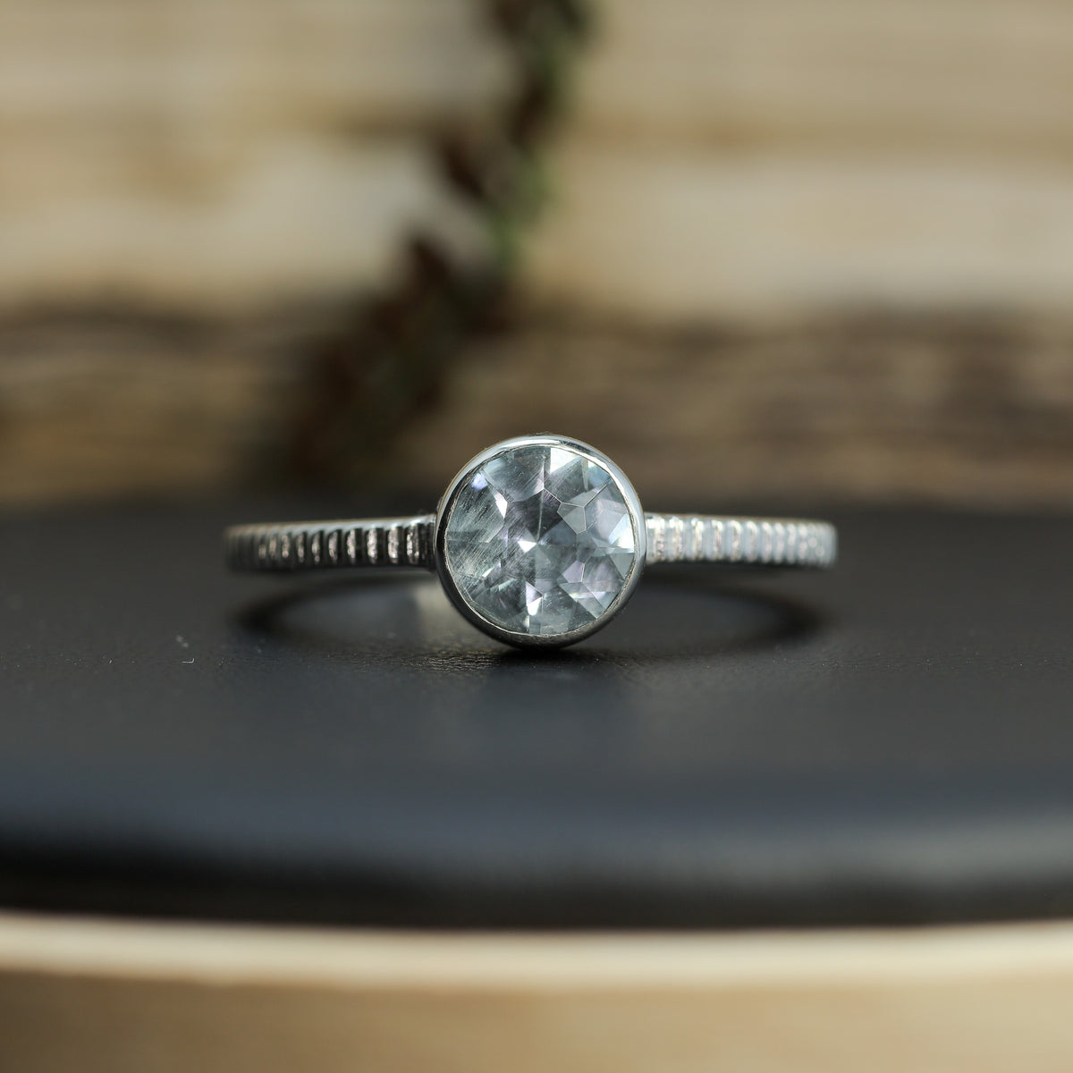 Round Aquamarine Textured Band Ring |Untreated / Certified Gemstone.
