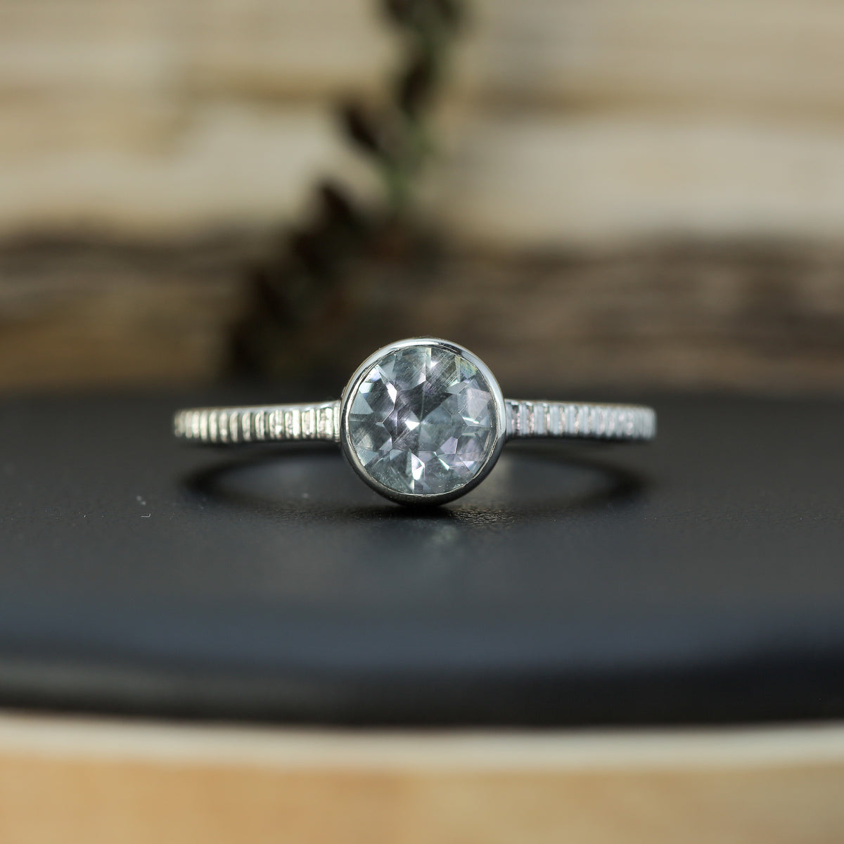 Round Aquamarine Textured Band Ring |Untreated / Certified Gemstone.
