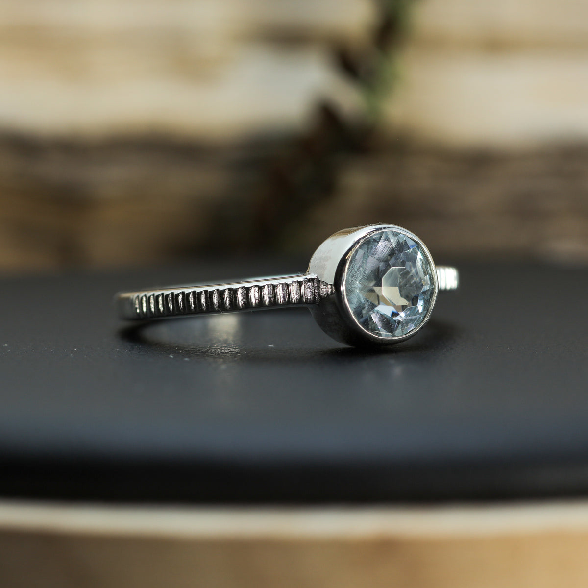 Round Aquamarine Textured Band Ring |Untreated / Certified Gemstone.