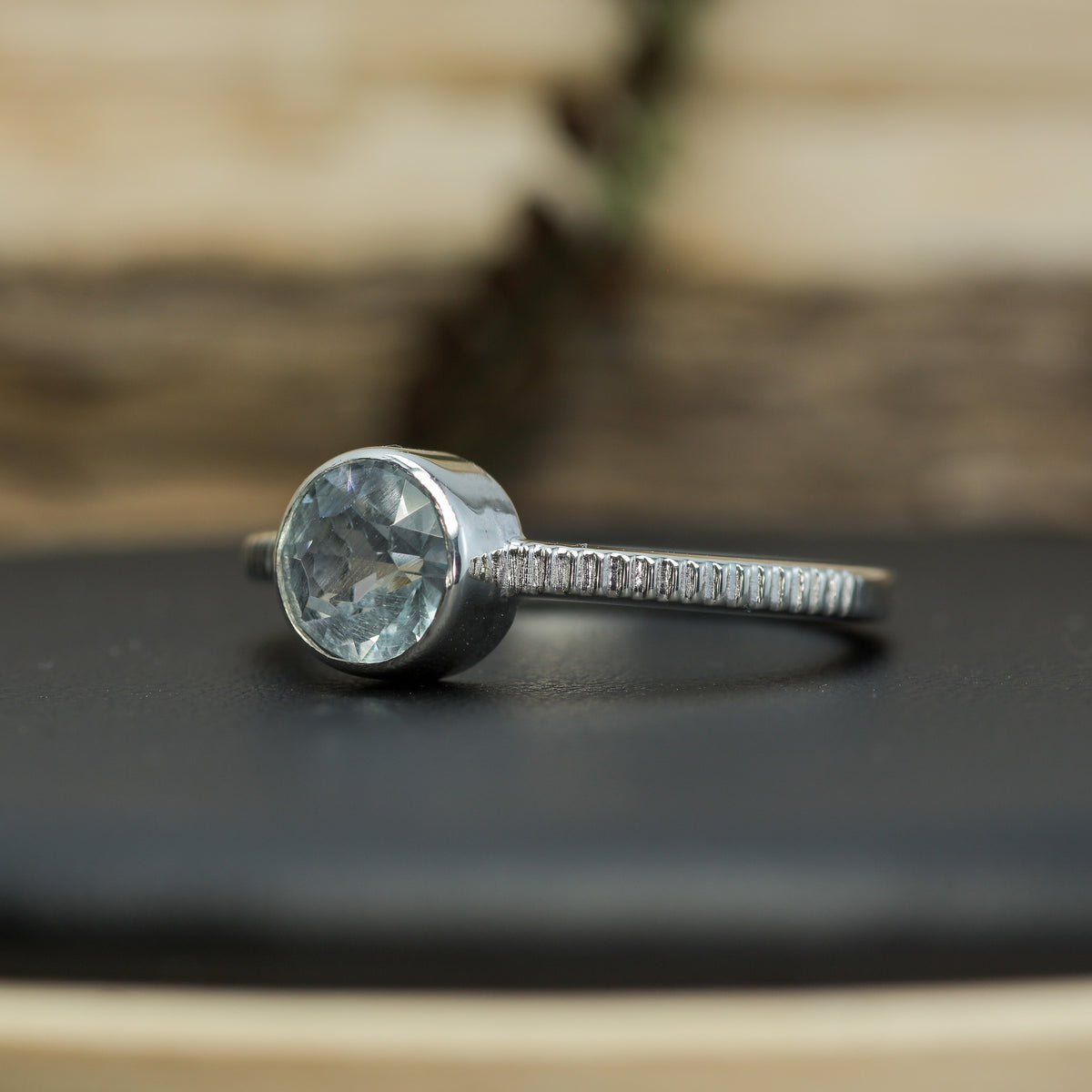 Round Aquamarine Textured Band Ring |Untreated / Certified Gemstone.