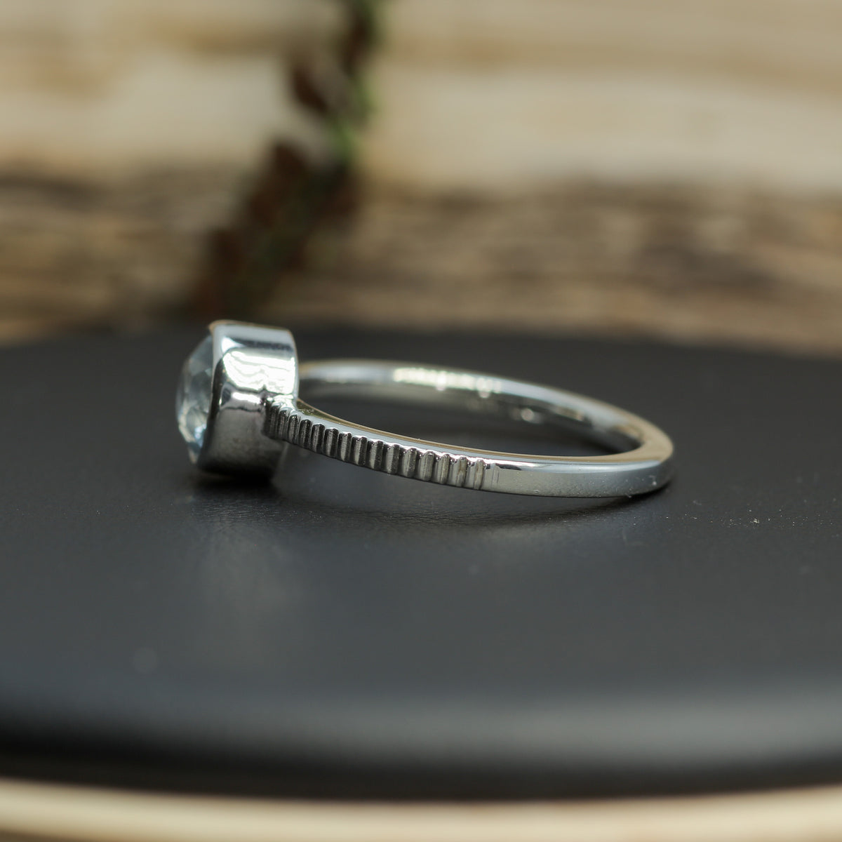 Round Aquamarine Textured Band Ring |Untreated / Certified Gemstone.