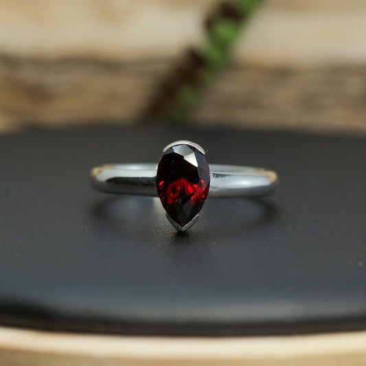Untreated / Certified Gemstone. Precision Fantasy Pear Rhodolite Garnet Silver Ring