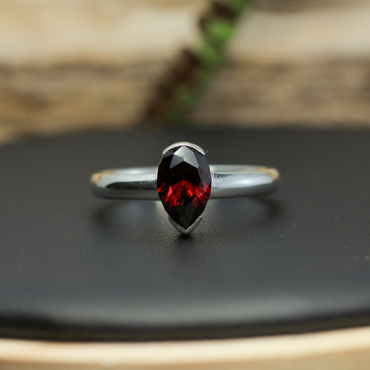 Untreated / Certified Gemstone. Precision Fantasy Pear Rhodolite Garnet Silver Ring