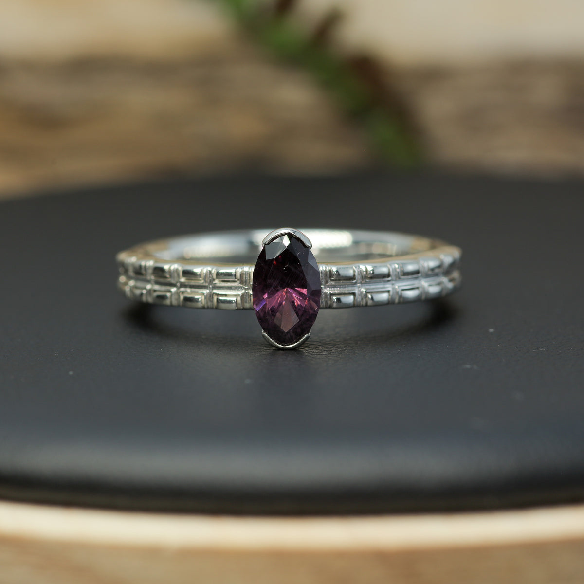 Untreated / Certified Gemstone. Fantasy Marquise Purple Spinel Textured 925 Silver Ring