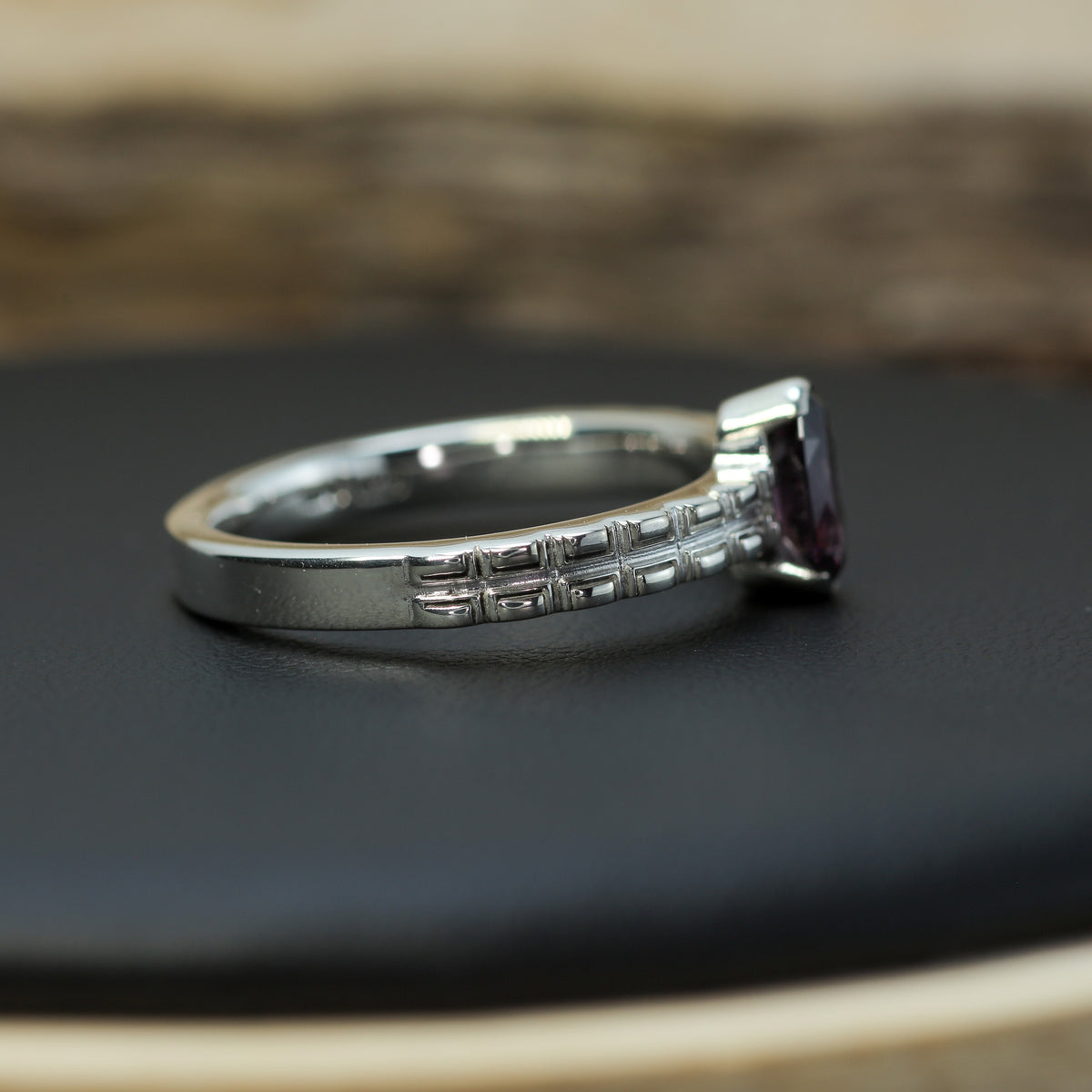 Untreated / Certified Gemstone. Fantasy Marquise Purple Spinel Textured 925 Silver Ring