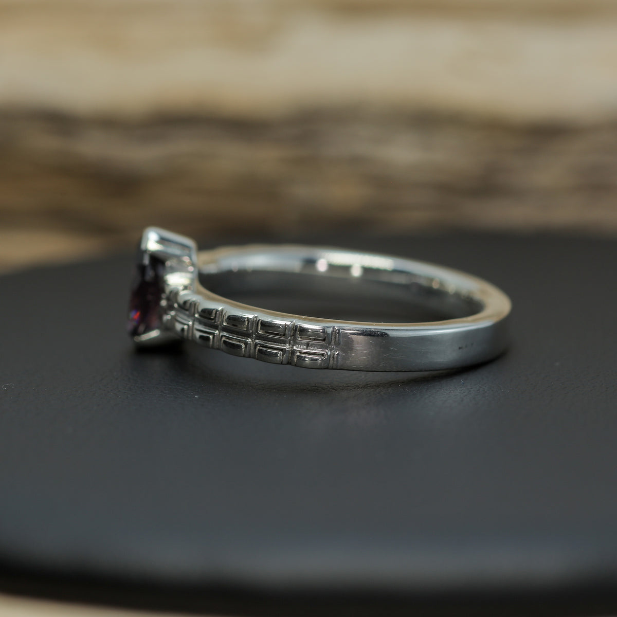 Untreated / Certified Gemstone. Fantasy Marquise Purple Spinel Textured 925 Silver Ring