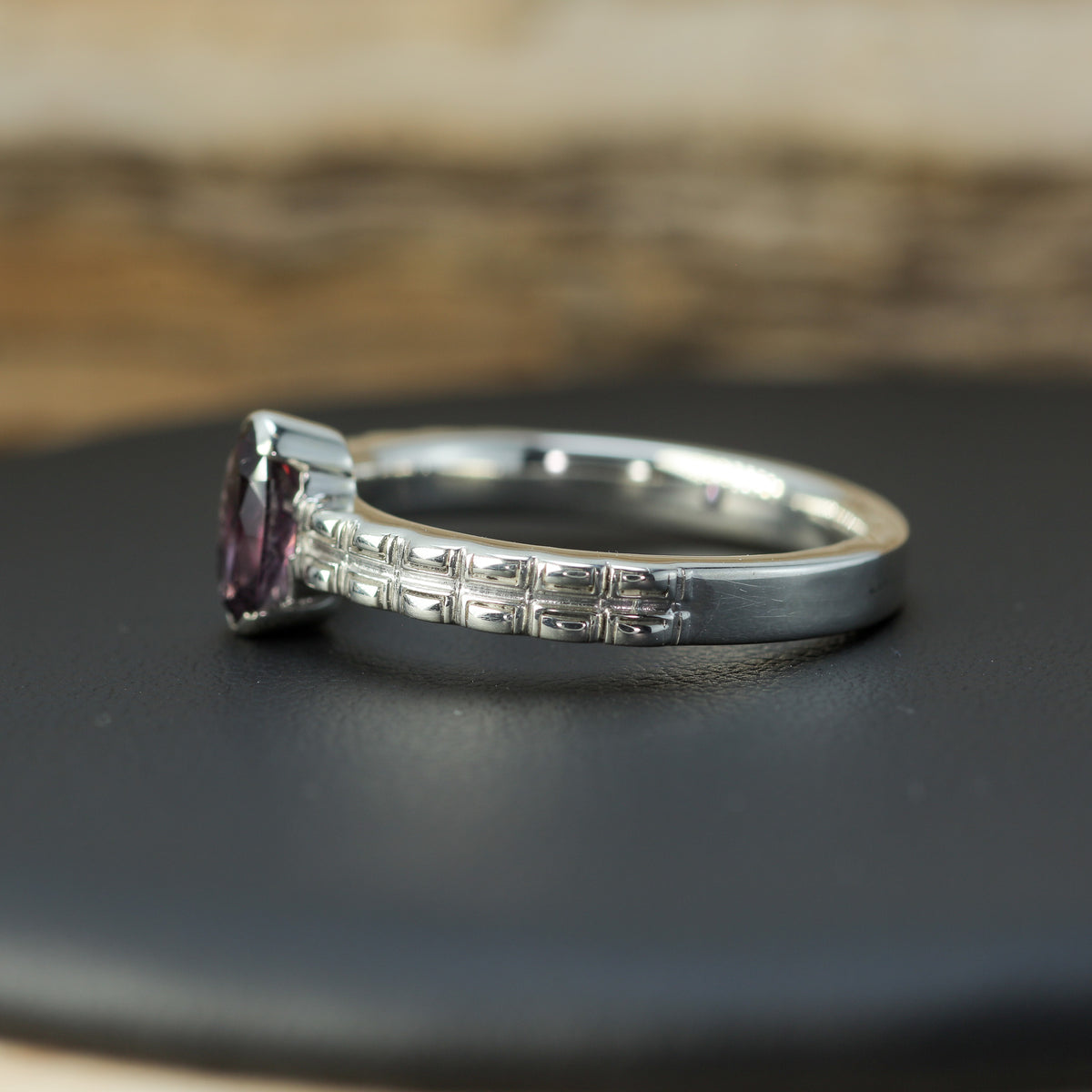 Untreated / Certified Gemstone. Fantasy Marquise Purple Spinel Textured 925 Silver Ring
