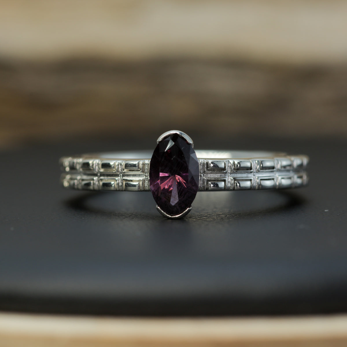 Untreated / Certified Gemstone. Fantasy Marquise Purple Spinel Textured 925 Silver Ring