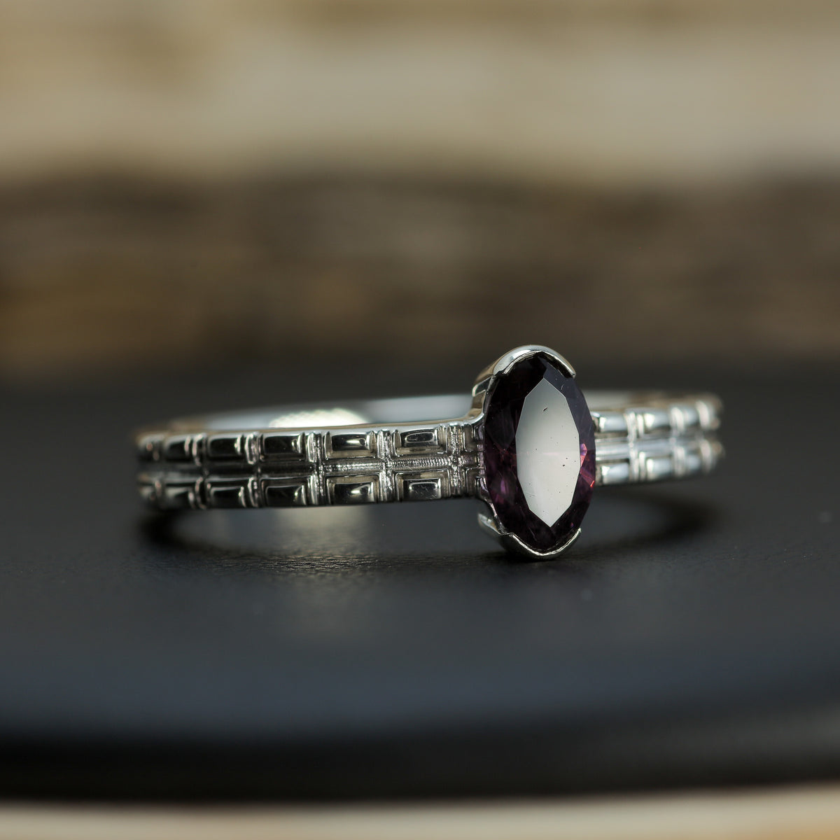 Untreated / Certified Gemstone. Fantasy Marquise Purple Spinel Textured 925 Silver Ring