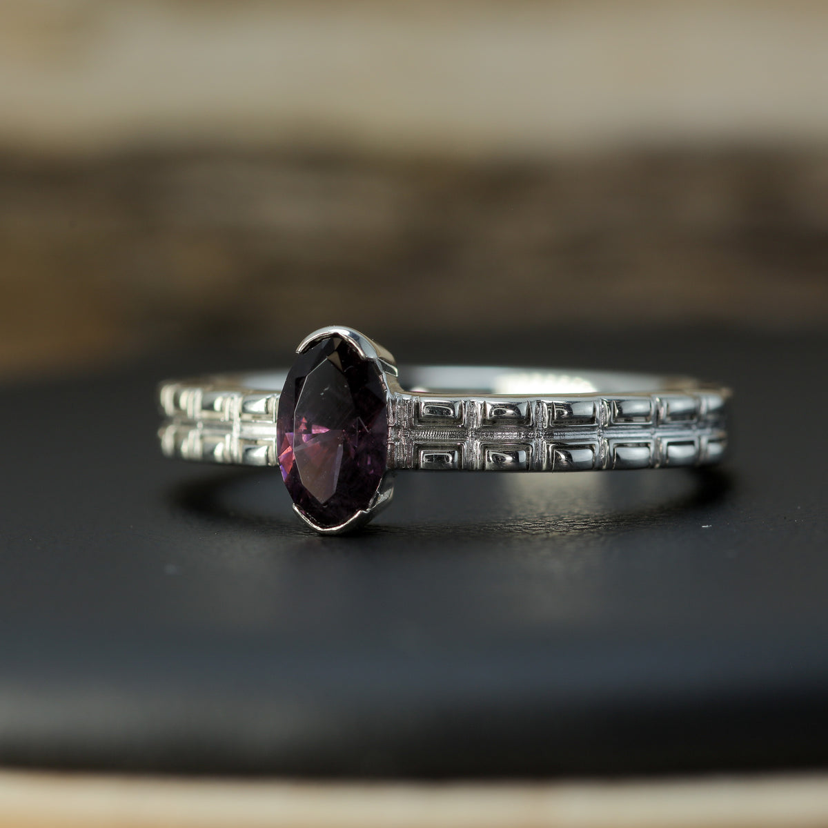 Untreated / Certified Gemstone. Fantasy Marquise Purple Spinel Textured 925 Silver Ring