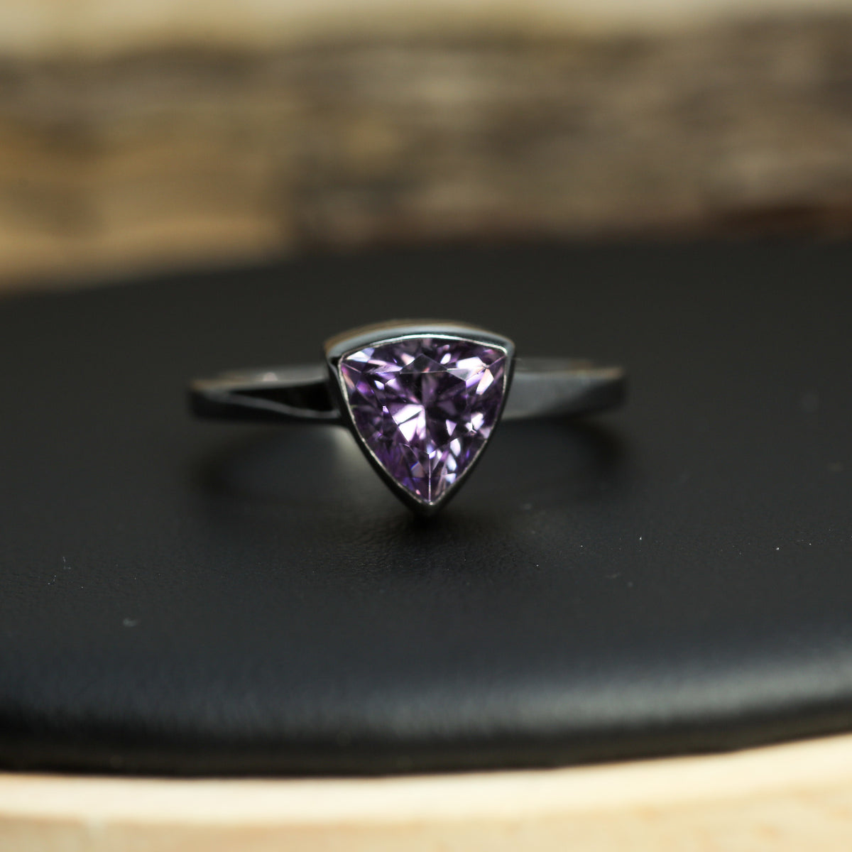 Studio-Cut Trillion Amethyst Bezel Ring | Dublin Hallmarked 925 Silver