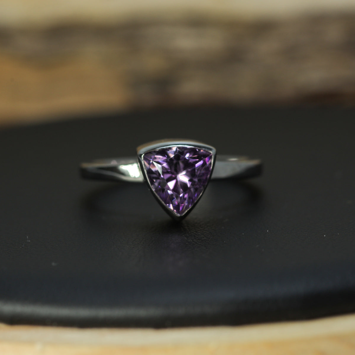 Studio-Cut Trillion Amethyst Bezel Ring | Dublin Hallmarked 925 Silver