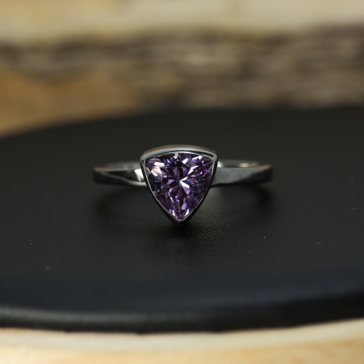 Studio-Cut Trillion Amethyst Bezel Ring | Dublin Hallmarked 925 Silver